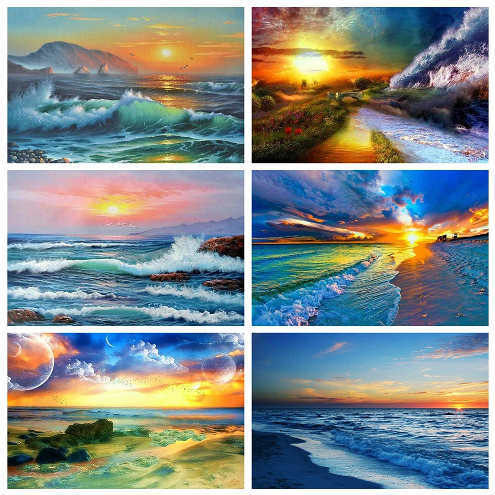 

5D DIY Diamond Painting Seaside Sunset Scenery Embroidery Mosaic Handmade Pictures Full Drill Cross Stitch Kits Home Decor Gifts