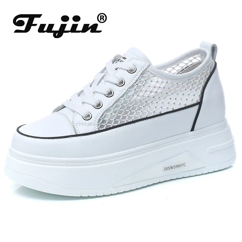 

Fujin Genuine Leather 7cm Hidden Heel Women Summer Shoes Air Mesh Hollow Platform Wedge Sneakers White Shoes for Female