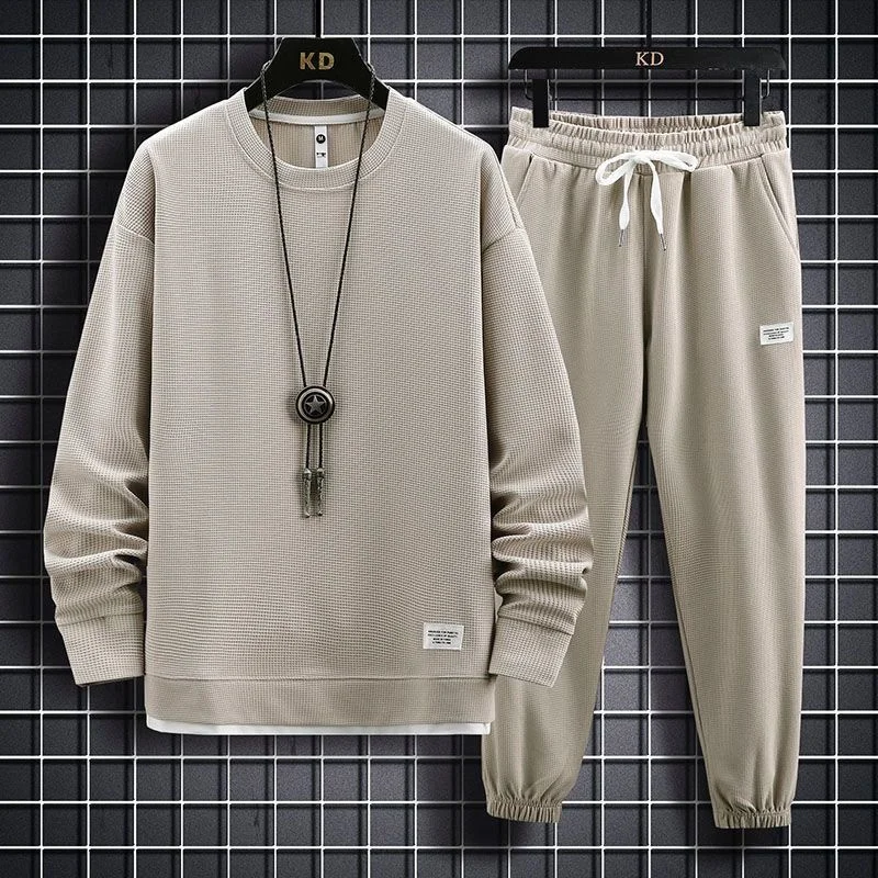 Men's Waffle Long Sleeve Hoodies And Pants Two Piece Sets Mens Fashion Loose Tracksuit Clothes