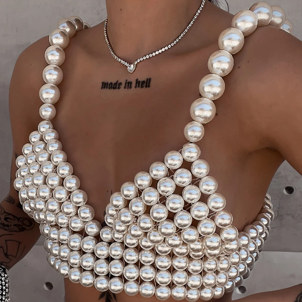 Stonefans Sexy Imitation Pearl Tanks Bra Bikinis Tops for Women 2022 Exaggerate V Neck Beads Body Chain Harness Dress Jewelry