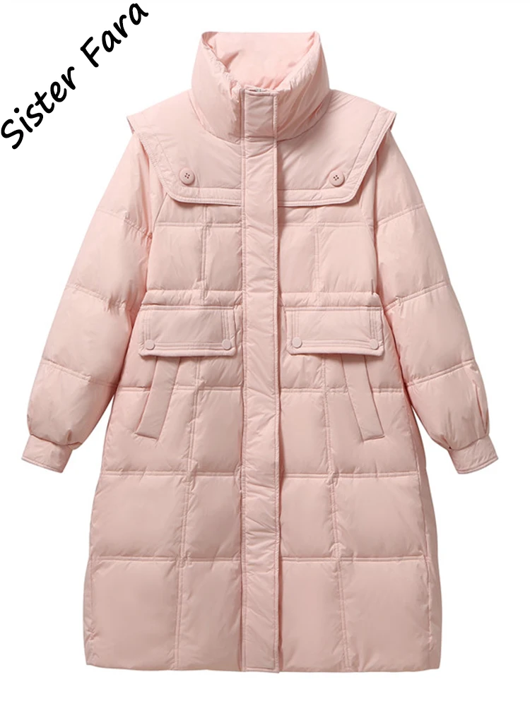 Sister Fara Loose Stand Collar Down Jacket Winter Women's Long Knee Parker Overcoat Down Jacket Winter Female Parker Down Jacket