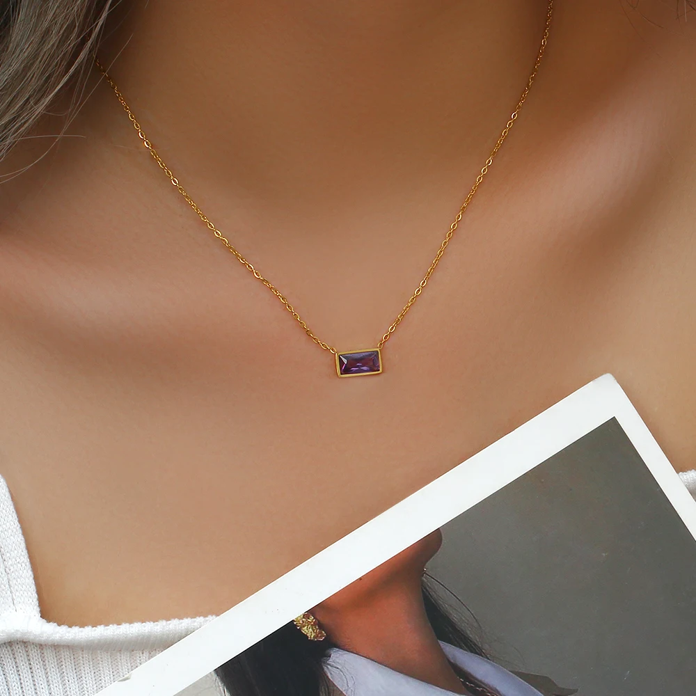 

French Style Stainless Steel Rectangle Square Colorful Cubic Zircon Necklace for Women Minimalist Water Resistant Jewelry