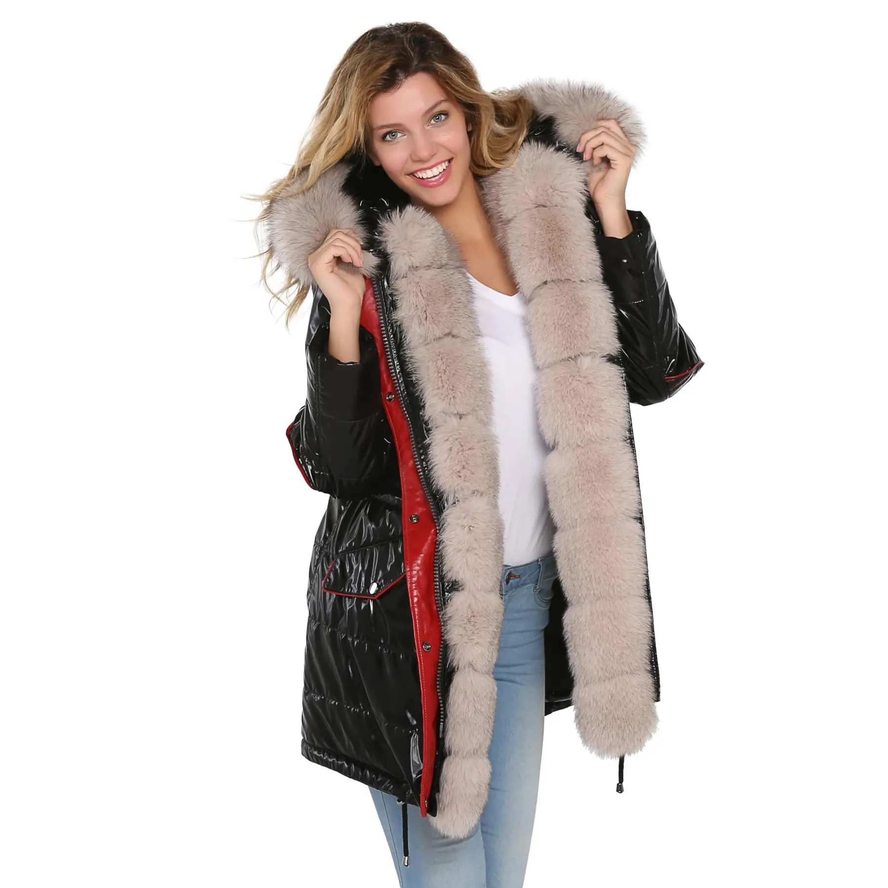 Black red real fur women coat, real fur coat, real fur clothing, fur vest, fur Anorak, real fur Parka