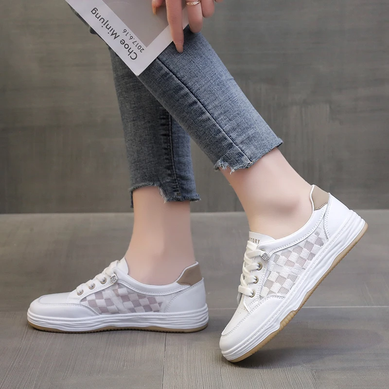 STRONGSHEN Women Sneaker Fashion Young Ladies Breathable Flats Solid Color Mesh Vulcanize Shoes Casual Heighten Sport Feld White images - 6