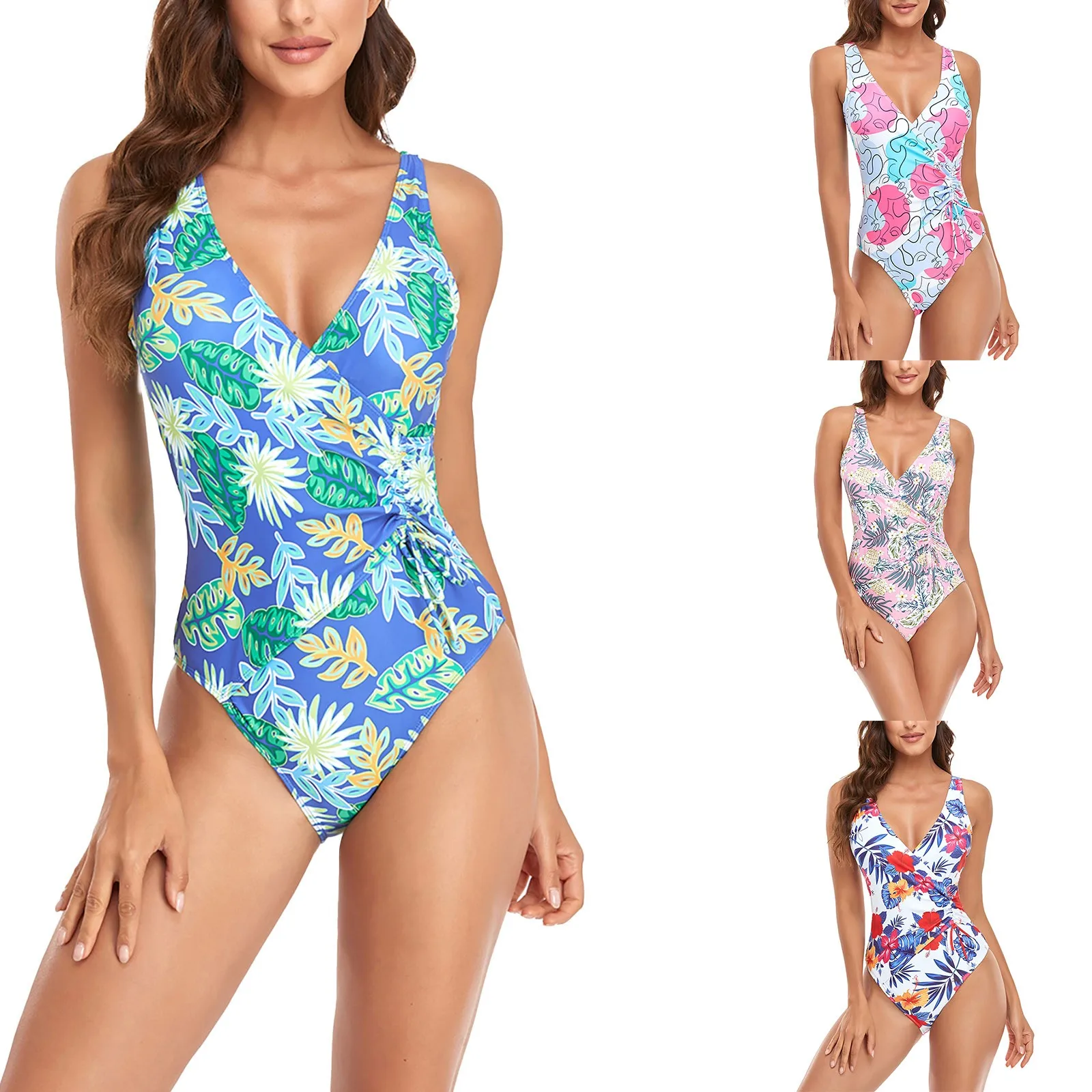 

Summer Swimwear One Piece 2023 Monokini Women Floral Print Swimsuit Bathing Suits Swimwear V Neck Low Back Adjustable Straps