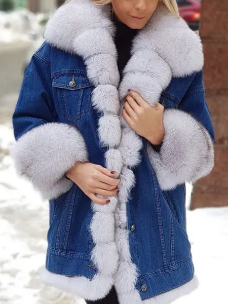 2023 Women Winter Faux Fur Hooded Coat Ladies Warm Thicken Demin Button Jacket Outwear Casual Fashion Women Overcoat