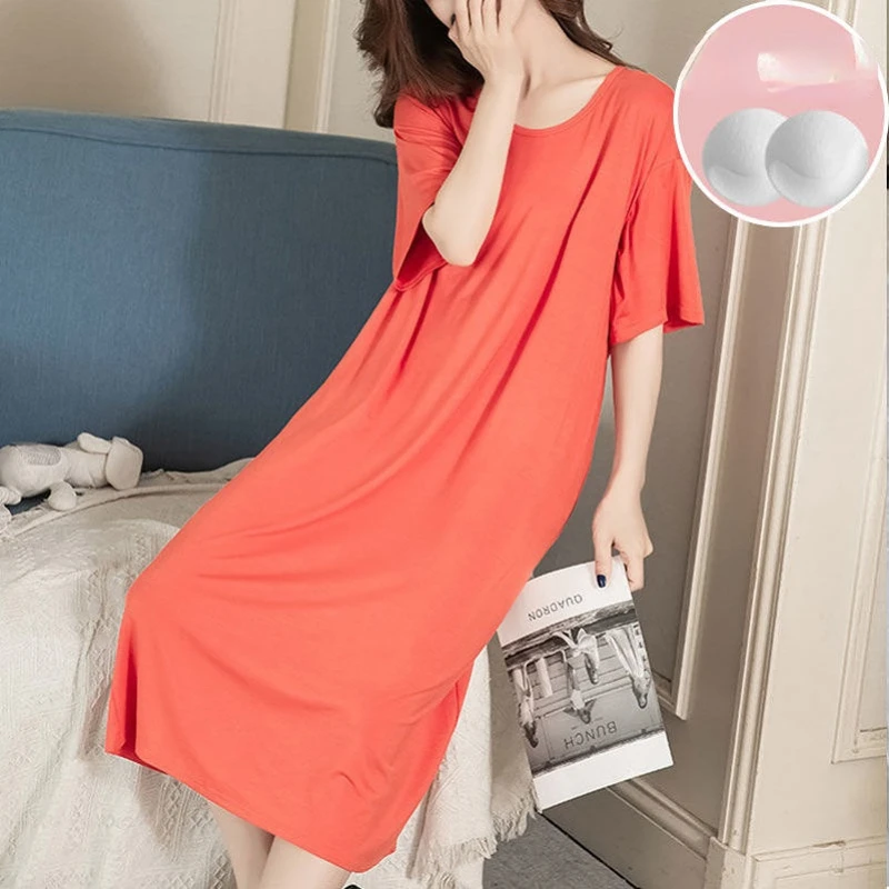 Women's Pajamas with Chest Pads Short Sleeve Robe Sexy Korean Retro Dress with Thin Chest Pads Thin Solid Color Pajamas Za New