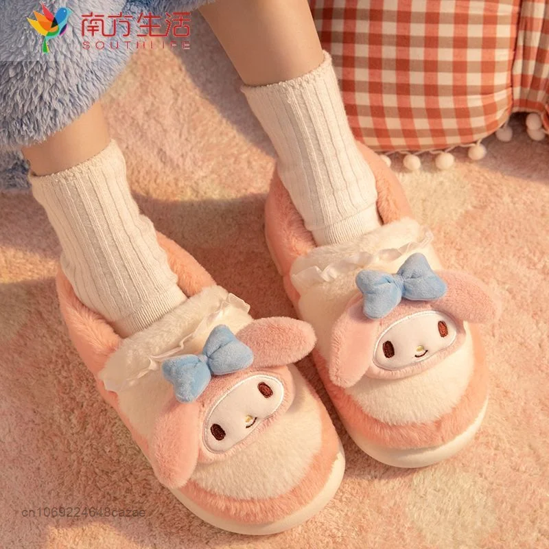 Sanrio Hello Kitty Plush Soft Bottom Non Slip Slippers Cotton Korean Style Kawaii Winter Slippers Thick Sole Warm Shoes Women