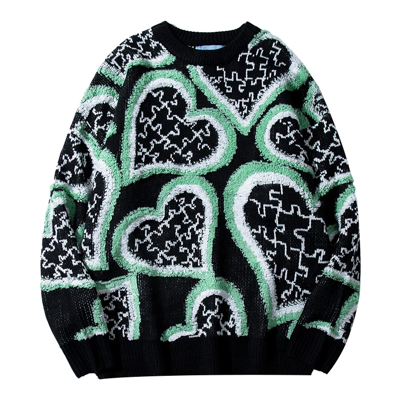 

Fashion Vintage Knitted Sweater Men Women Loose Streetwear Sweater Black Knitwear Korean Sweater Heart Shaped Couple Pullover