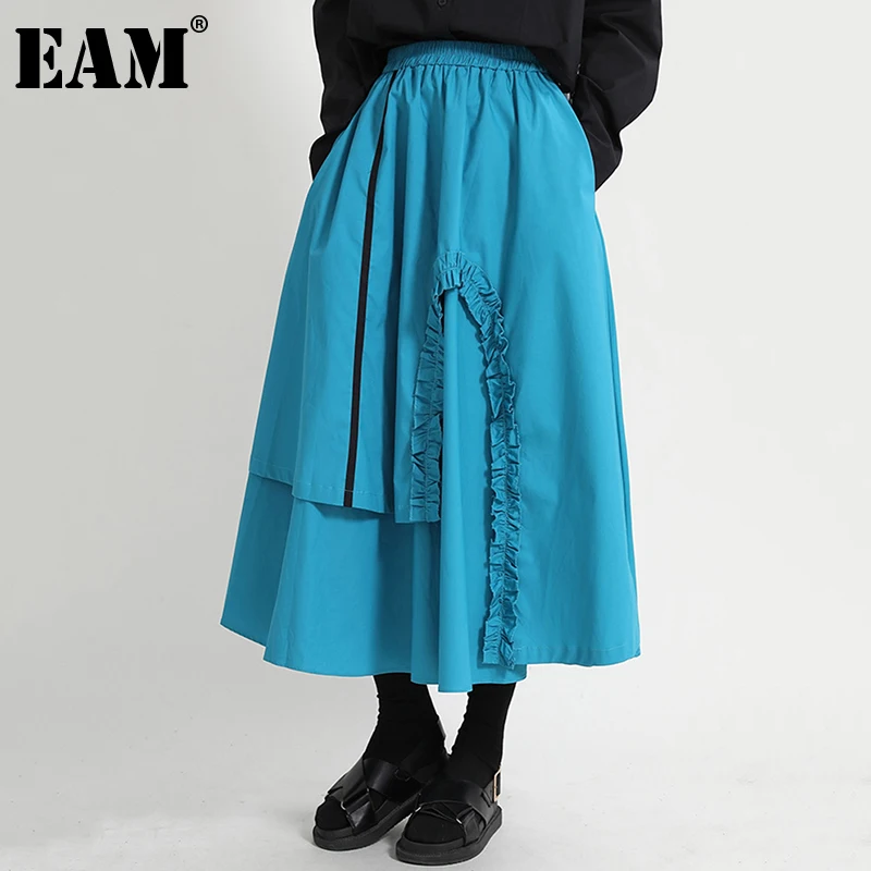 

[EAM] высокая эластичная талия синяя Асимметричная плиссированная многослойная длинная юбка до середины тела Женская модная новинка весна л...