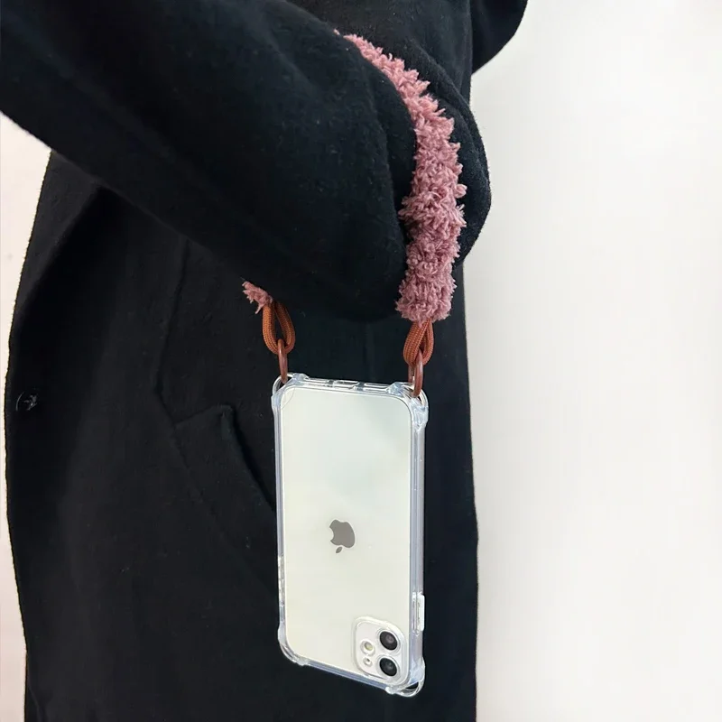Crossbody Necklace Cord Plush Lanyard Phone Case For iPhone 16 15 14 13 12 11 Pro Max Plus Soft Cover
