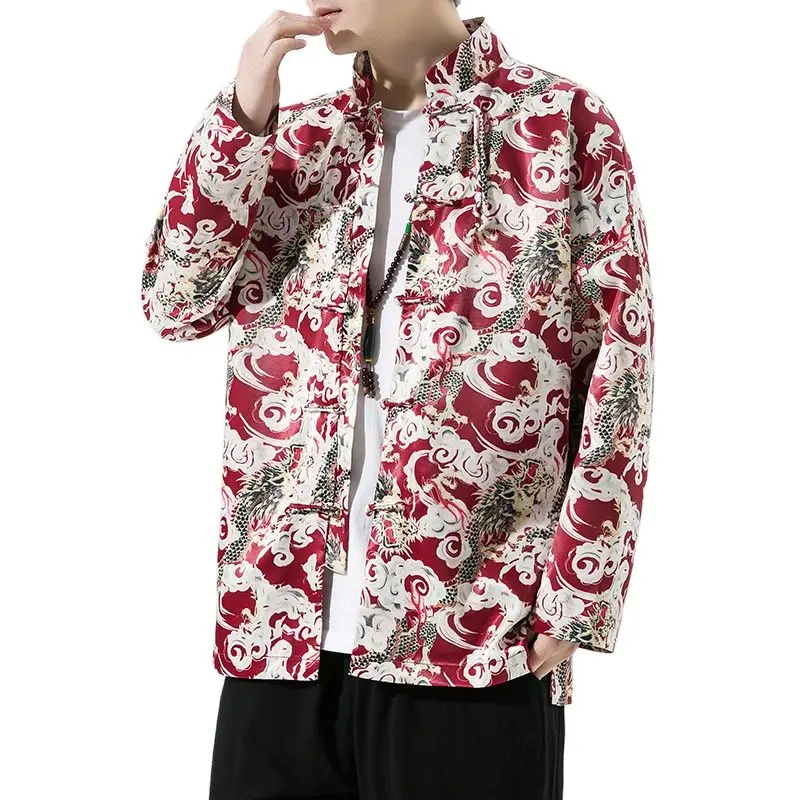 

Chinese Dragon Print Mens Jacket Coat Tradition Mandarin Collar Frog Button Tang Suit Tai Chi Kung Fu Retro China Style Clothing