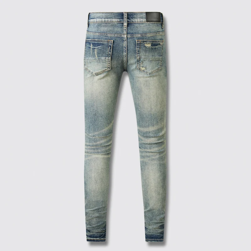 High Street Fashion Men Jeans Retro Washed Elastic Stretch Skinny Ripped Jeans Men Leather Patched Designer Brand Hip Hop Pants