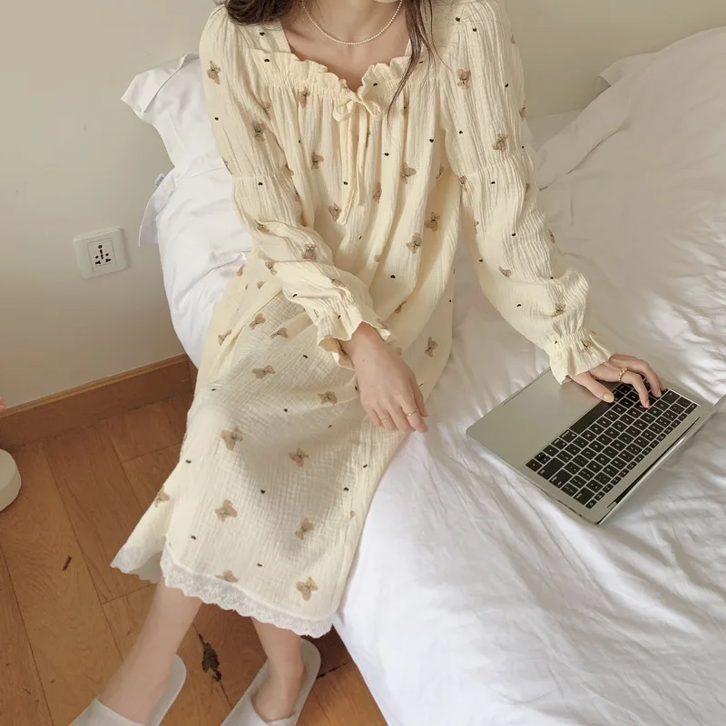 

Korean Cute Sleepdress Women Long Sleeve Bear Cartoon Nightgown Cotton Gauze Ruffles Square Collar Midi Nightdress Autumn S087