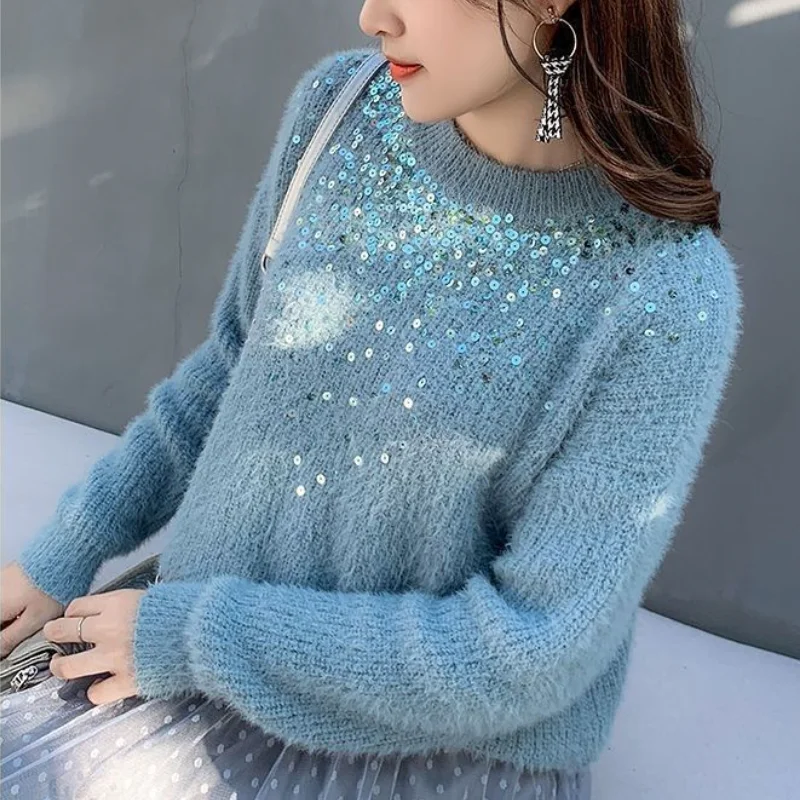 

Woman O-Neck Beaded Pullovers Long Sleeve Solid Color Knitted Sequined Cropped Sweater Pink Knitwear Long-sleeved Jumper Sueter