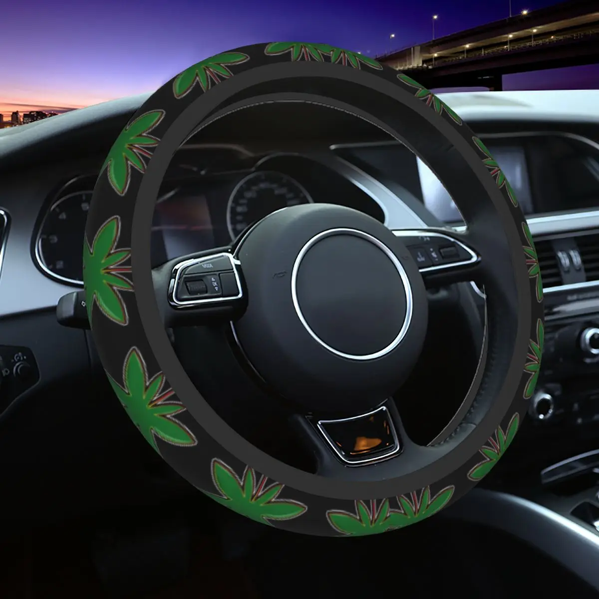 

38cm Car Steering Wheel Cover Cool Green Hemp Leaf Anti-slip Plant Braid On The Steering Wheel Cover Fashion Auto Accessories