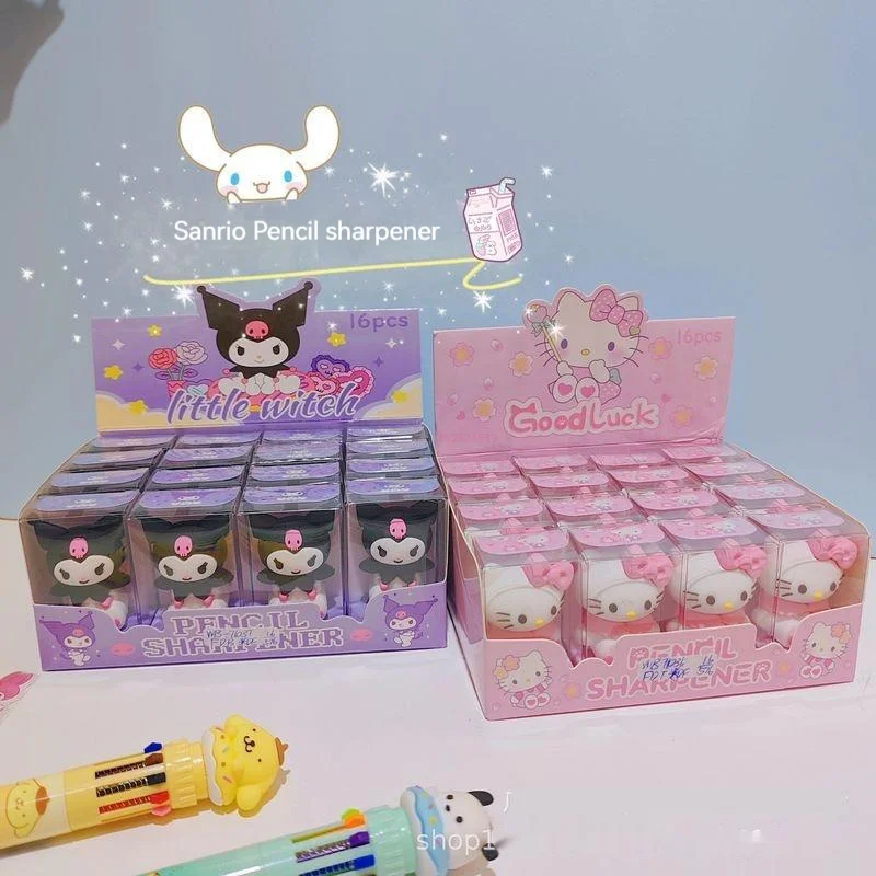 

16pcs Cute Cartoon Sanrio Hello Kitty Kuromi Silicone Mini Manual Pencil Sharpenersingle Hole Student School Supplies Prize