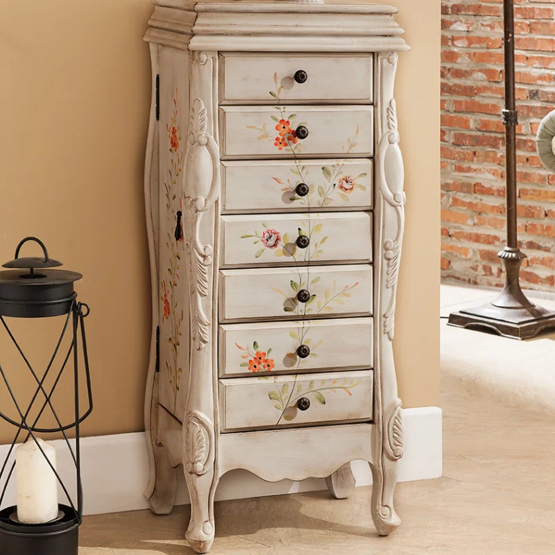 

Painted Jewelry Cabinet Jewelry Multi-Functional Retro Complete Chest of Drawers with Mirror Modern Simple Solid Wood Carved