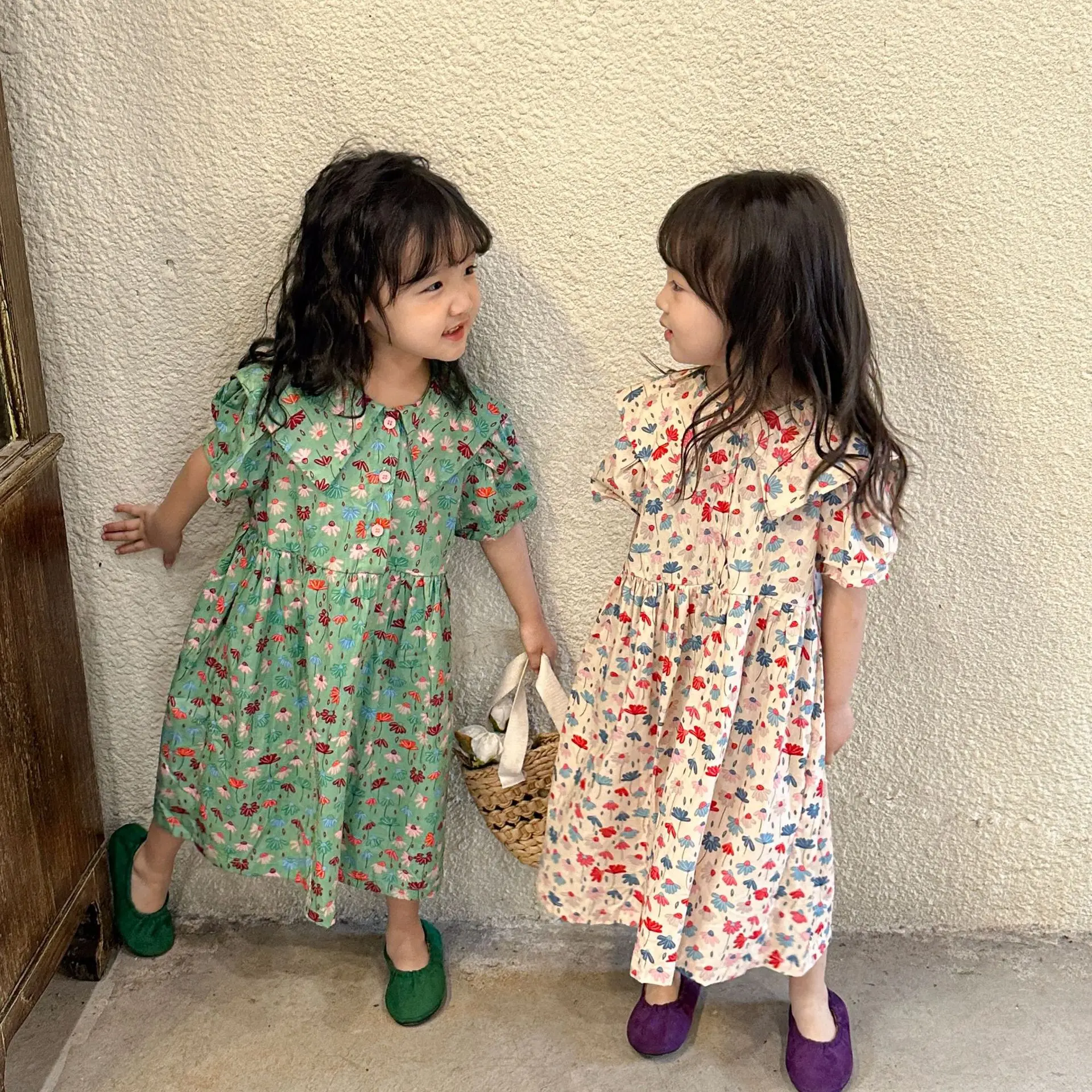 

5029C Korea Girls Summer Dress Cotton Floral Children's Skirt 2023 New Summer Short-sleeved Baby Princess Dress