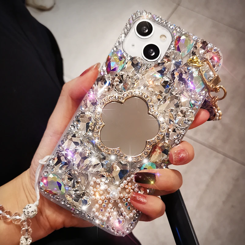

Чехол для IPhone 11 12 13 Pro Max с браслетом с кристаллами, чехол для IPhone 13pro 13mini, роскошный зеркальный чехол со стразами и цветами