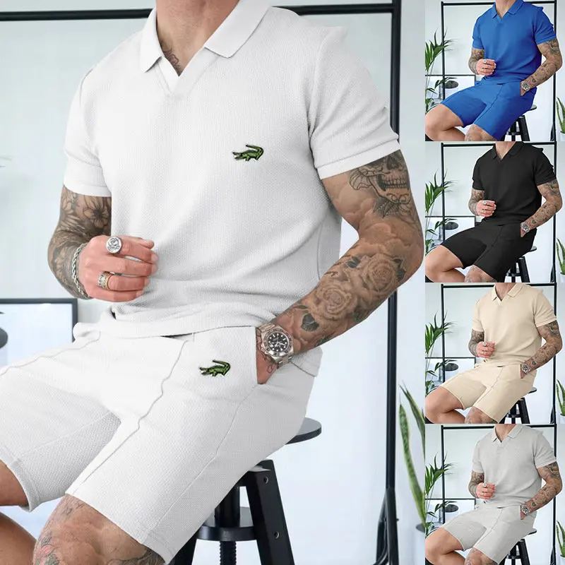 2 Piece CARTELO Men's Herfger Lapel Solid Color Thin Casual POLO Short Sleeved Shorts Summer Sports Suit Fashion Trousers Set