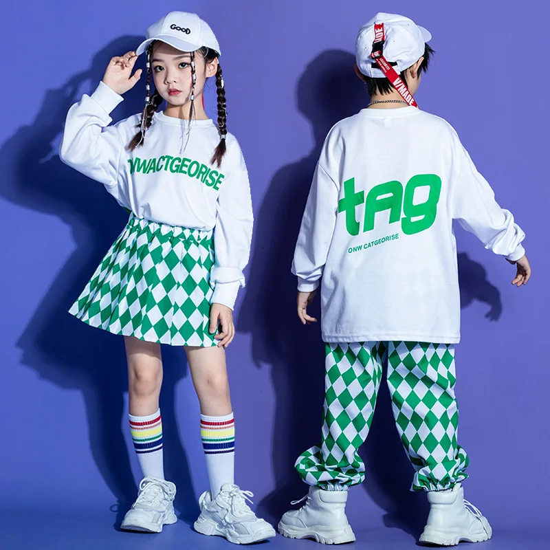 

Kid Hip Hop Clothing White Sweatshirt Green Checkered Street Jogger Pants Pleat Skirt for Girl Boy Jazz Dance Costume Clothes