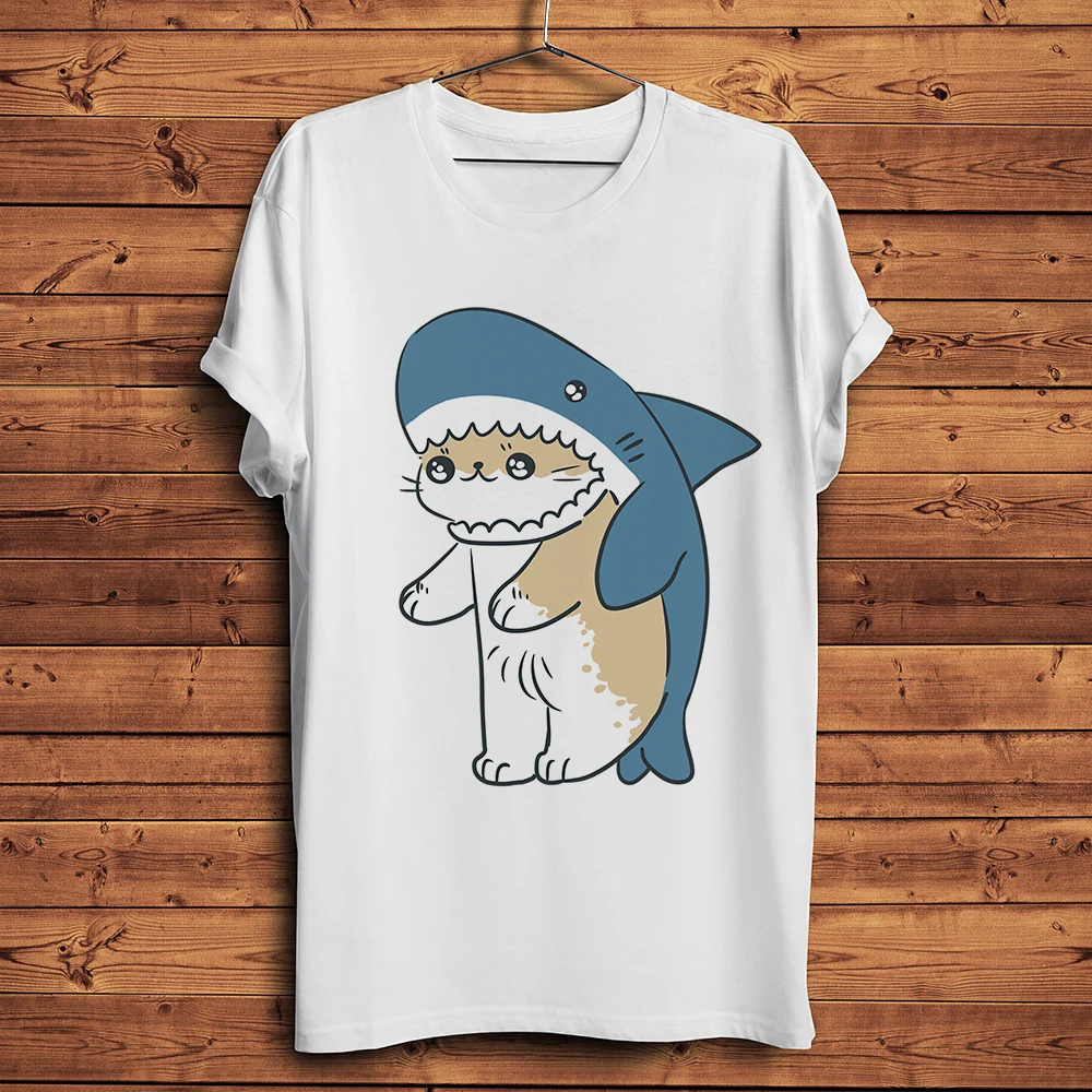 

Cute Cat Shark Meow Funny T-shirt Men Summer 100% Cotton Casual Short Sleeve Unisex Cool Manga Streetwear T Shirts