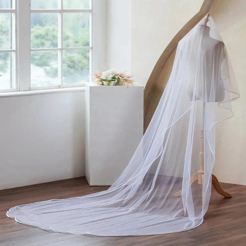 

Фата свадебная Длинная с ручной окантовкой, однотонная сетчатая, аксессуар для свадебного платья, фотоаксессуары