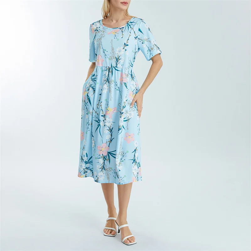 

Summer Fall Casual Vintage Floral/Ink Print Midi Dress Women Crew Neck Short Sleeve High Waist Dresses Party Elegant Clothes