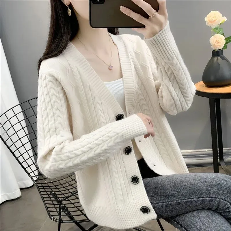 

Women V-Neck twist Knitted Cardigan Sweater New Autumn Winter Korean Fashion Solid Color Loose Short Knitwear Tops Ladies G2841