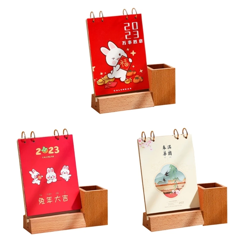 

Desk Calendar 2023 Desktop Organizer Pencils Holder Wooden Base Calendar Set