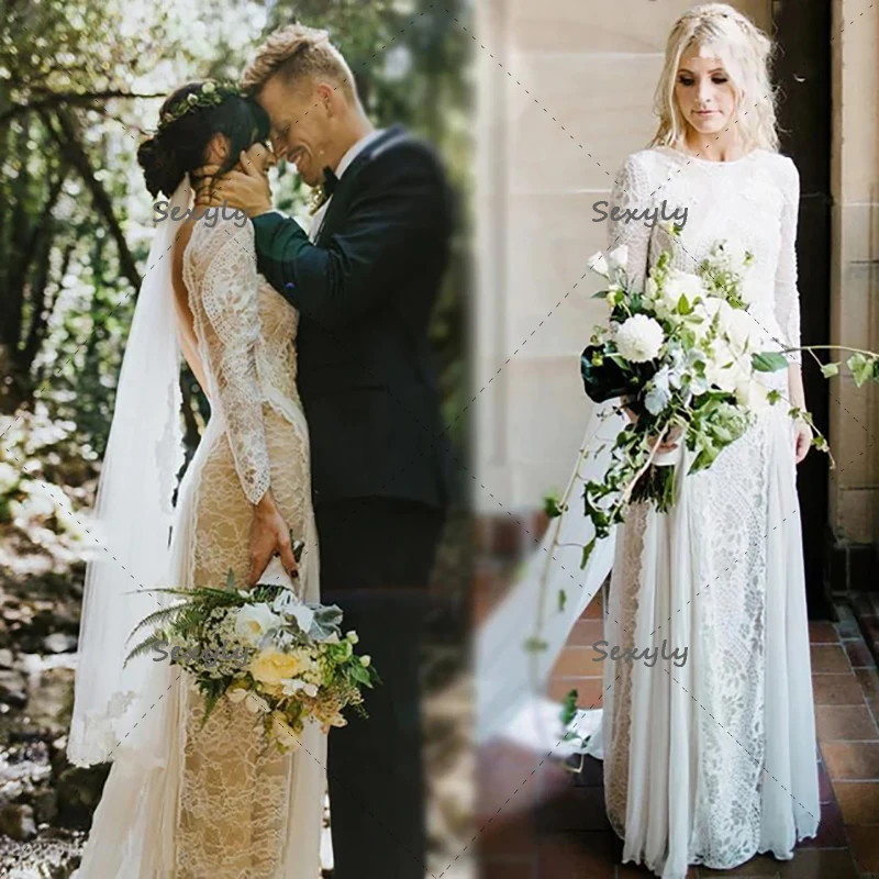 

Fairy Boho Long Sleeve Wedding Dress 2022 O Neck Full Length Chiffon Lace Bohemian Beach Wedding Dresses Backless Mermaid Bride