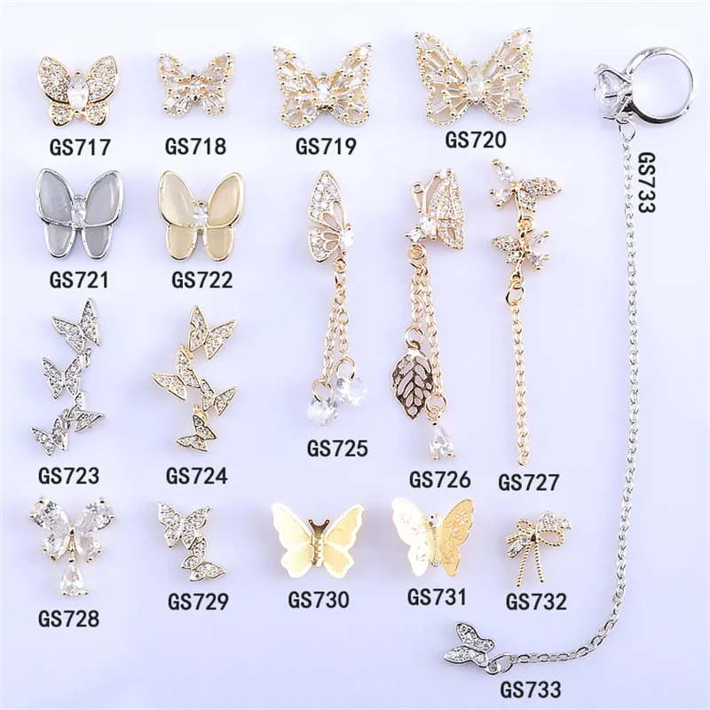 

2PC Flash Butterfly Nail Art Rhinestone Luxury 3D Alloy Butterfly Zircon Nail Decoration Pendant Chains DIY Manicure Accessories