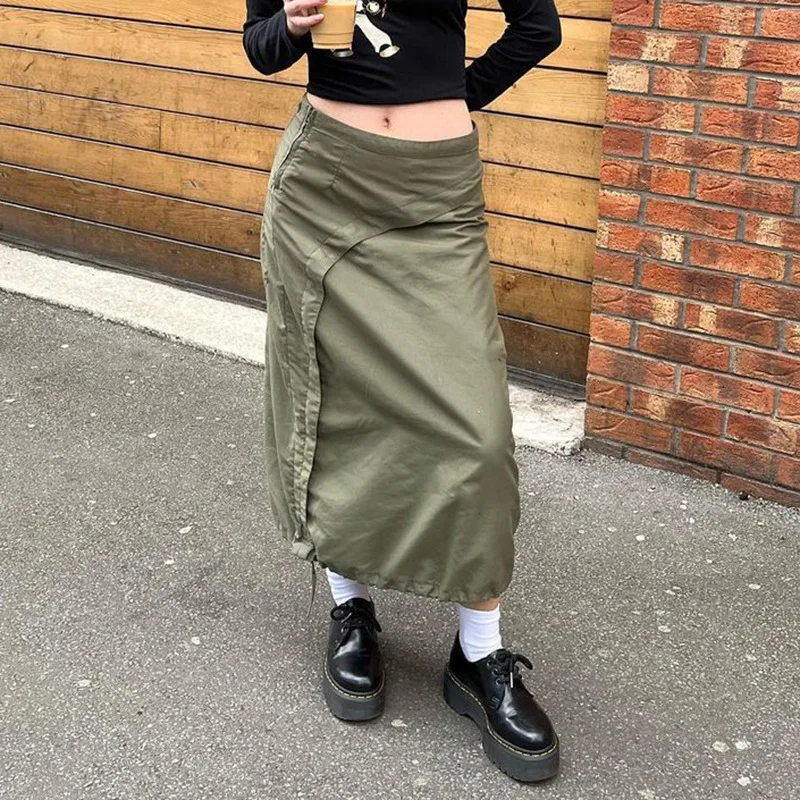 

2022 Harajuku Lazy Cargo Techwear Skirt Drawstring Hip Hop Punk Y2K Skater Gothic Grunge Solid Vintage Fairycore Straight Skirts