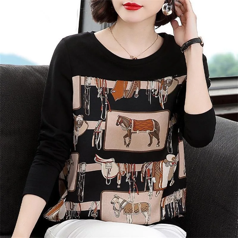 

2022 Autumn Spring O Neck Polyester Long Sleeve Women's T-shirt Fashion Korean Style Animal Pattern Oversized T Shirt Korean