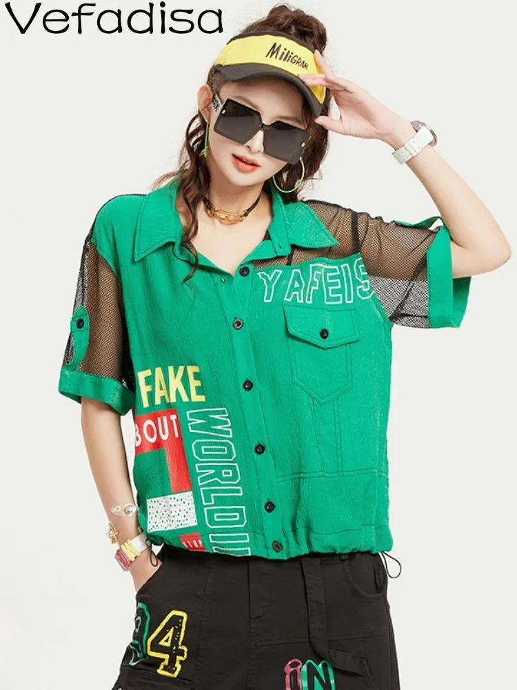 

Vefadisa 2023 Summer New Fashion Beauty Clothing Design Sense Large Loose Print Shirt Women Green White Black Blouse ZXF204B