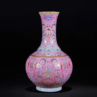 Chinese Style Antique Handmade Qian Long Pink Ceramic Flower Vase Collection Jingdezhen Porcelain Lotus Decoration Vase