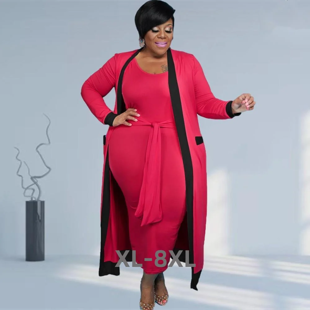 Plus Size Two Piece Sets Women Clothing 2021 Fall Clothes Wholesale Dress with Belt Long Sleeve Coat Matching 3xl 4xl 5xl 6xl