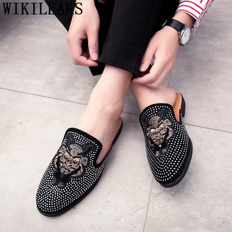 Mules Suede Shoes Men Half For Rhinestone Luxury Fashion Zapatillas Hombre Casual Sapato Social Masculino | Обувь