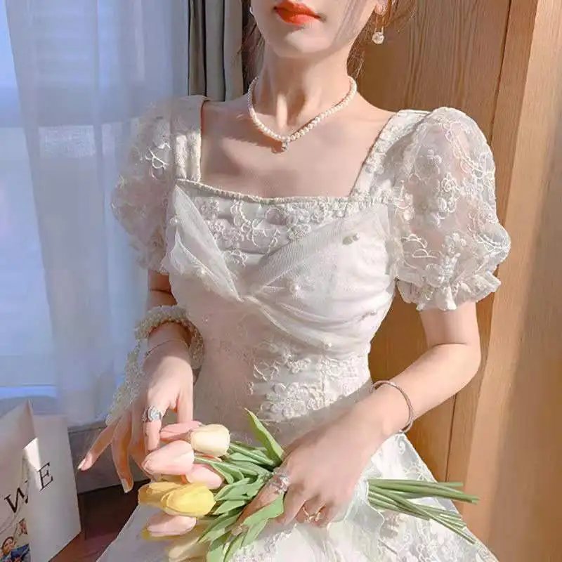 

New Short Sleeve French Elegant Mid Length Dress Women Floral Design Sweet Retro Dress Korean Evening Dress Women A-LINE Lace