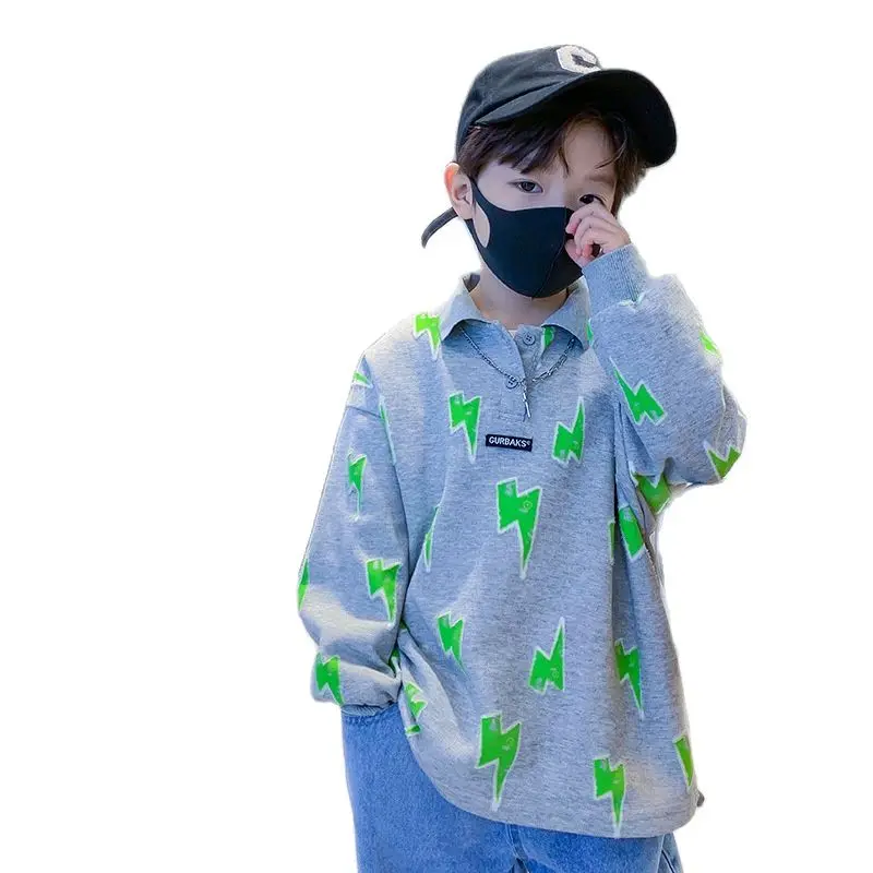 

Teen Boys Clothes POLO Shirts Spring Autumn Fashion New Kids Tops Childrens Casual T-Shirts Lightning Print Jackets 8 10 12 14Y