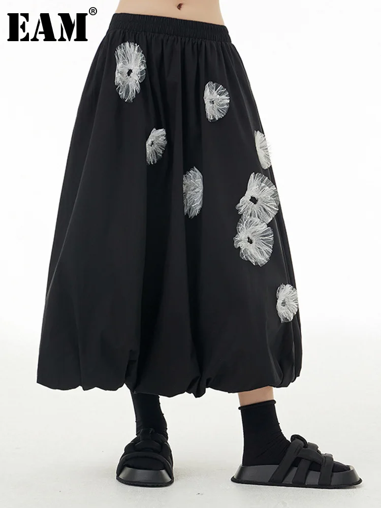 

[EAM] черная сетчатая повседневная юбка с высокой эластичной талией и цветочным принтом, Свободная Женская юбка, модная новинка, весна-осень 2023, 1DF4402