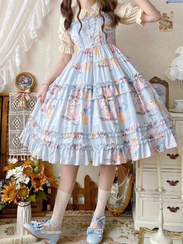 Платье принцессы женское с рюшами, фея из газовой ткани в японском стиле Лолита, свободное платье до середины икры с круглым воротником и коротким рукавом, на лето
