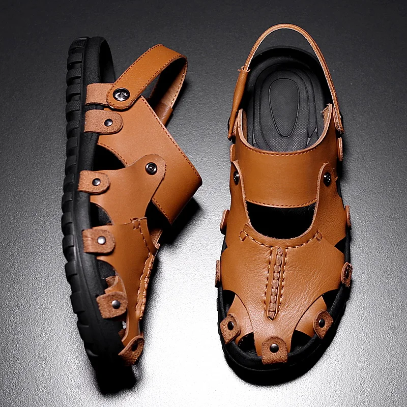 

genuine leather sandals for men roman 39 hollow lightweight breathable casual shoes summer outdoor gladiator sandalia masculina