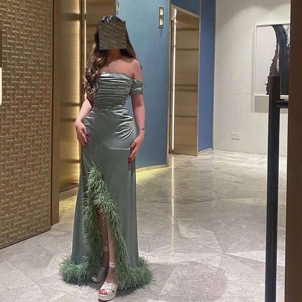 

Carolina Floor Length Satin Mermaid Evening Dresses Saudi Arabia Women Pleated Feathers Wedding Guest Elegant Formal Party Gowns