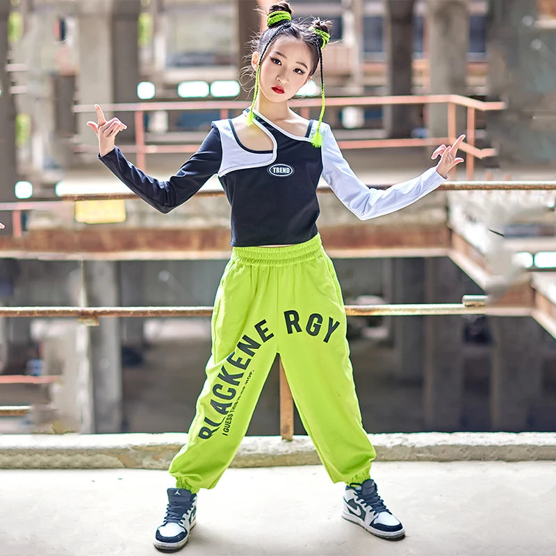 

Jazz Costume Girls Crop Tops Green Hip Hop Pants Ballroom Practice Wear Children's Day Performance Street Dance Clothes BL8089