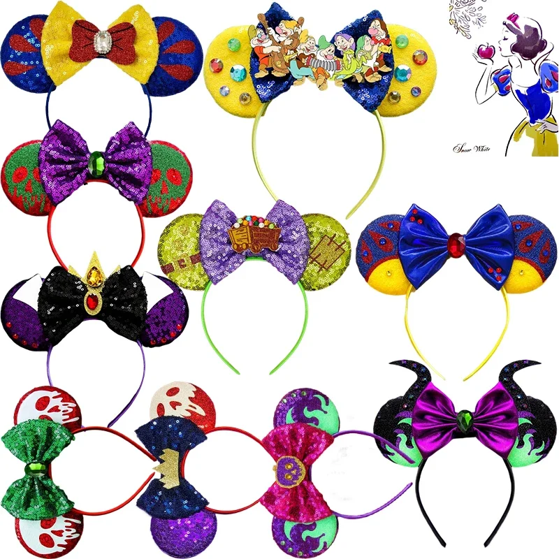 

Disney Princess Snow White Hair Accessories For Women Sequins Skull Ears Headbands Kids Seven Dwarfs Hairband Girls Bow Hredwear