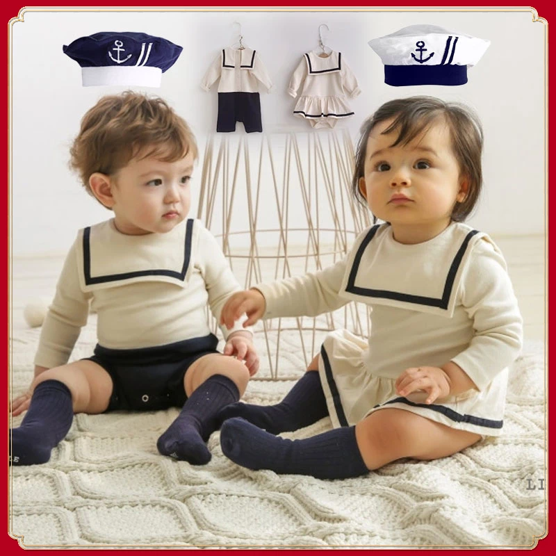 

Baby Brother and Sister Clothes for Twins Boy and Girl Overalls Romper Naval Style Baby Newborn Boys Onesie Girls Paid Dress