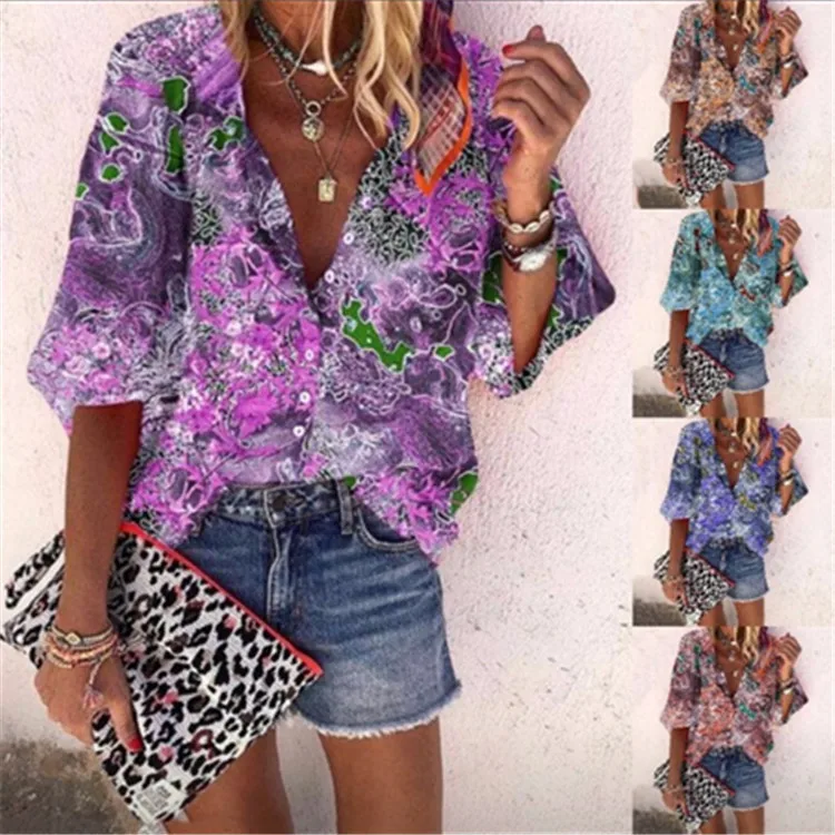 

Blouse Ladies Casual Top Flower 2022 Print Cropped Sleeve Loose Chiffon Shirt S-5XL