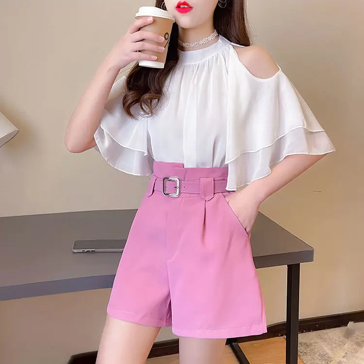 

2022 Summer Women's New Two-piece Sets Female Off-shoulder Solid Chiffon Shirts + High Waist Wide-leg Shorts Ladies Suits Y51